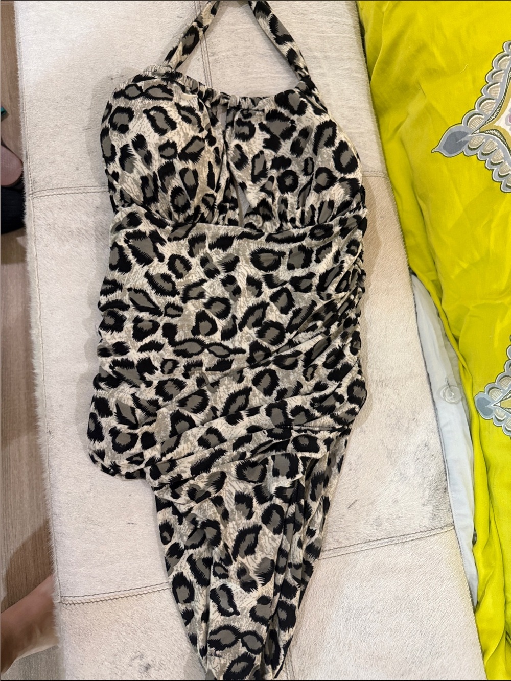 Leopard Print Halter Ruched Women's Dress - Black & Cream
